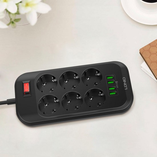 2500W 6 AC Outlets Power Strip Overload Surge Protection With 4 USB Chargers