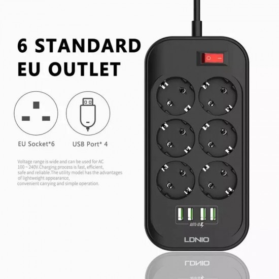 SE6403 EU Plug USB Power Socket 4 USB 6 Outlet Wall Power Socket Extension Power Strip Charger For iPhone 12 12Pro Max OnePlus 8Pro 8T