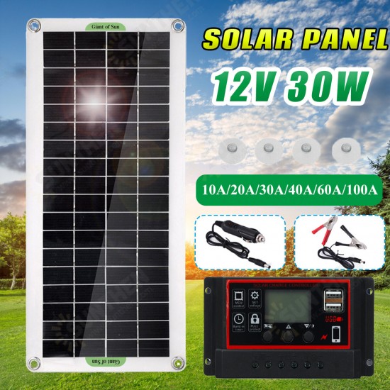 30W Solar Panel Kit 12V Battery Charger 100A Controller USB RV Travel Camping