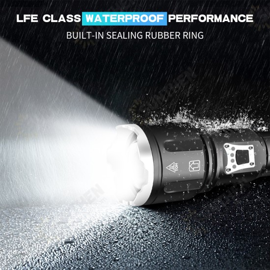 XHP70.2 LED Outdoor Emergency Rechargeable Flashlight Super Bright 90000 High Lumens USB Power Output Handheld Camping Zoomable IPX5 Water Resistant