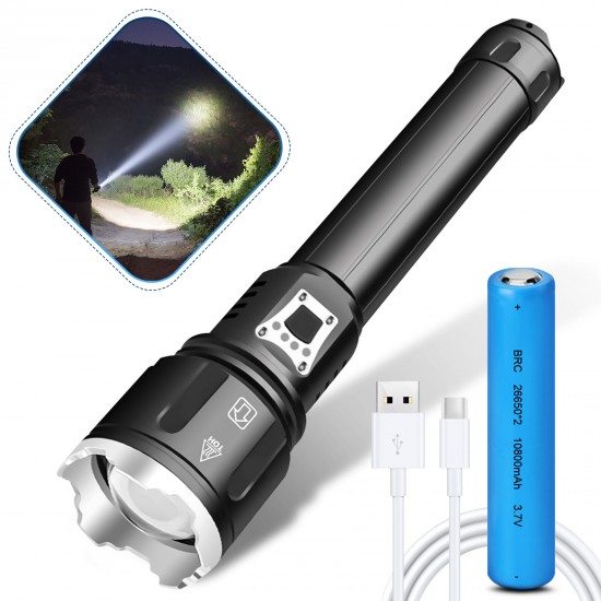 XHP70.2 LED Outdoor Emergency Rechargeable Flashlight Super Bright 90000 High Lumens USB Power Output Handheld Camping Zoomable IPX5 Water Resistant