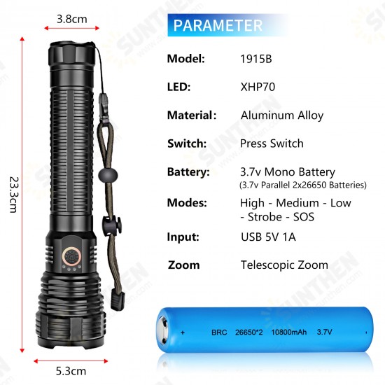 Upgraded USB Rechargeable Xhp90 LED Flashlight 90000 Lumens Zoomable & 3 Modes Lighting Suitable for Outdoor Hiking or Home Emergency