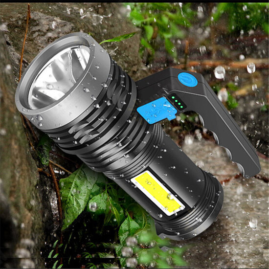 2PCS P500 Double Light 500m Long Range Strong Flashlight with COB Sidelight USB Rechargeable Powerful Handheld Spotlight LED Searchlight