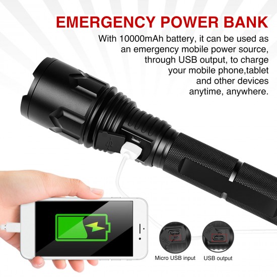 P70 USB Rechargeable Flashlight with Zoom and Output Rechargeable Battery with Hand Strap