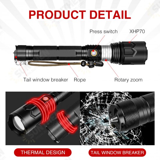 P70 USB Rechargeable Flashlight with Zoom and Output Rechargeable Battery with Hand Strap