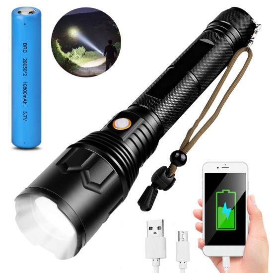 P70 USB Rechargeable Flashlight with Zoom and Output Rechargeable Battery with Hand Strap
