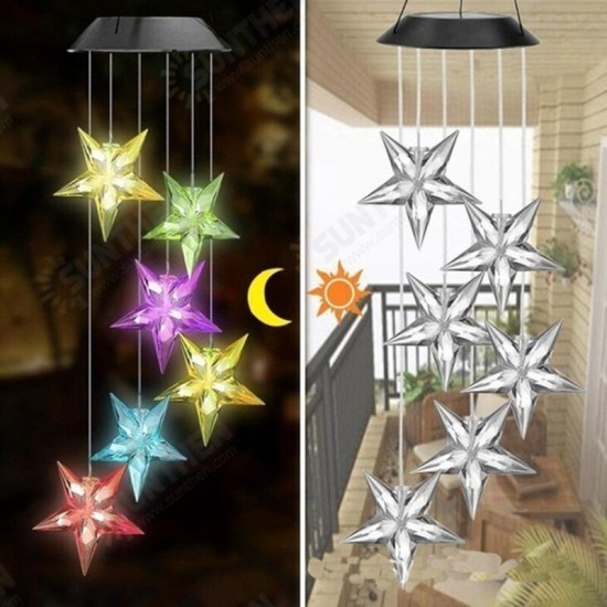 LED Solar Five-pointed Star Wind Chime Lamp Colorful Photosensitive Chandelier Fairy Garden Yard Light