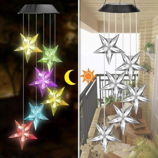 LED Solar Five-pointed Star Wind Chime Lamp Colorful Photosensitive Chandelier Fairy Garden Yard Light