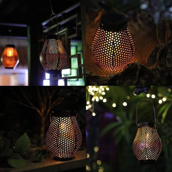 Solar LED Hanging Light Retro Hollow Lantern Outdoor Garden Yard Decoration Lamp