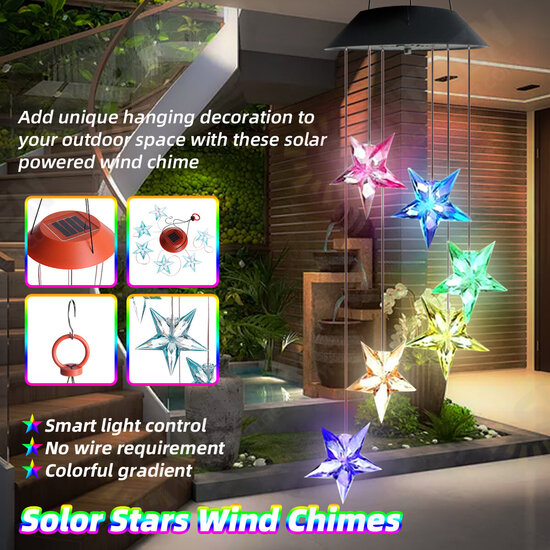 Solor Powered Star Wind Chime Light Outdoor Garden Waterproof Hanging Lamp Decor