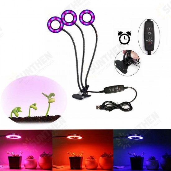 USB 18W 3Heads Clip-on Grow Light Dimmable Timing Plant Lamp for Indoor Flower DC5V