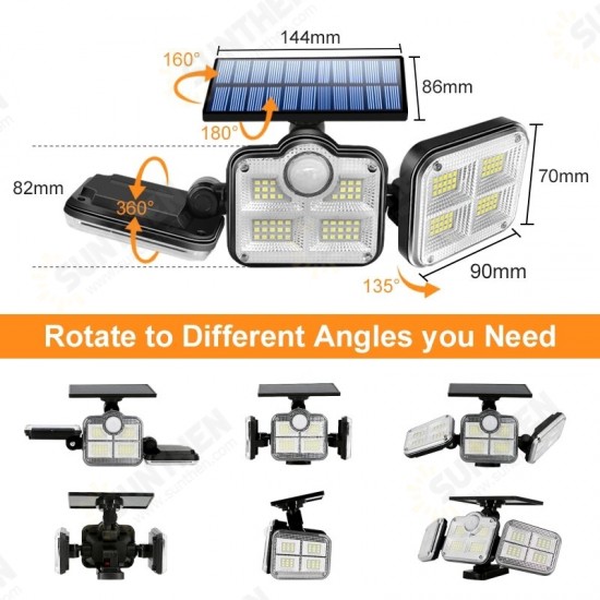 108/122/138/171 LED Solar Lights 3 Head Motion Sensor 270° Wide Angle Illumination Outdoor Waterproof Remote Control Wall Lamp