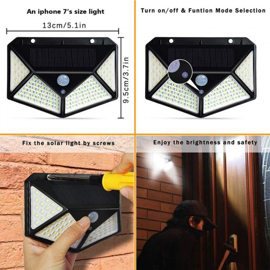 100 LED Solar Powered PIR Motion Sensor Wall Light Outdoor Garden Lamp 3 Modes