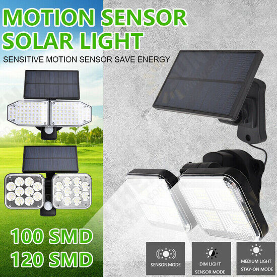 Dual Head 100/120LED Solar Wall Light IP65 PIR Motion Sensor Garden Street Lamp Waterproof Outdoor Decor