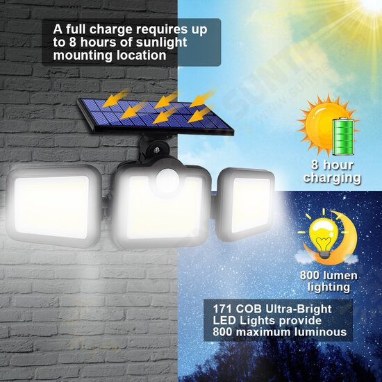 Solar Lights Outdoor 171COB 108/122/138LEDs Motion Sensor Light 3 Head Remote Control Wall Light 270 Wide Angle Flood Light for Garden