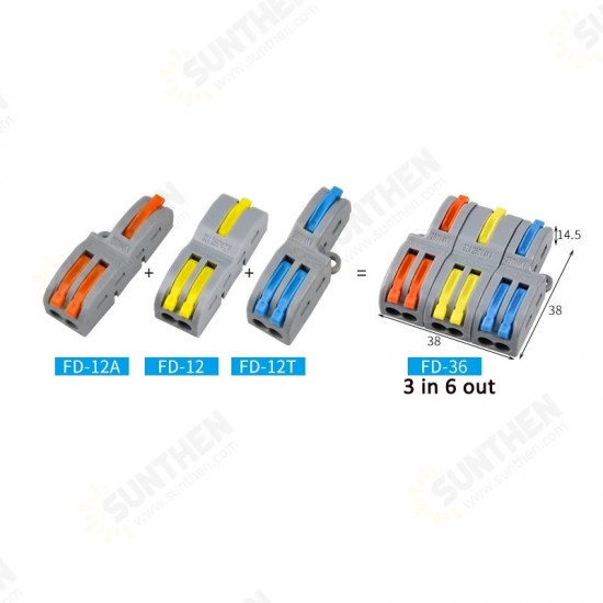 FD-12 Orange/Yellow/Blue Wire Connector 1 In 2 Out Wire Splitter Terminal Block Compact Wiring Cable Connector Push-in Conductor