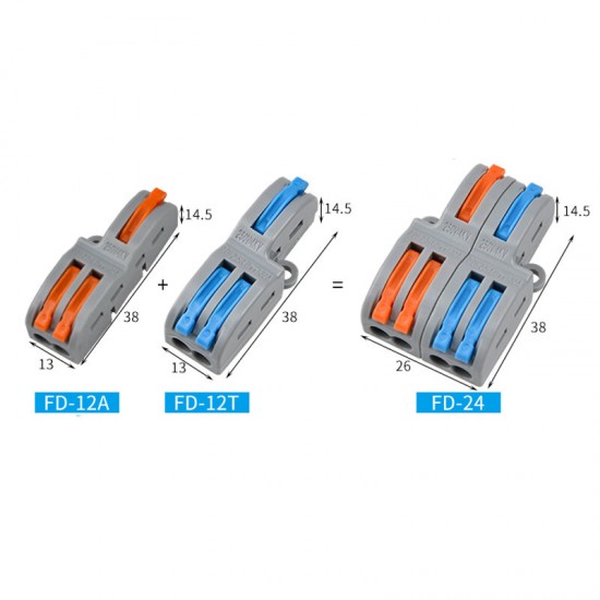 FD-12A/FD-12T Wire Connector 1 In 2 Out Wire Splitter Terminal Block Compact Wiring Cable Connector Push-in Conductor