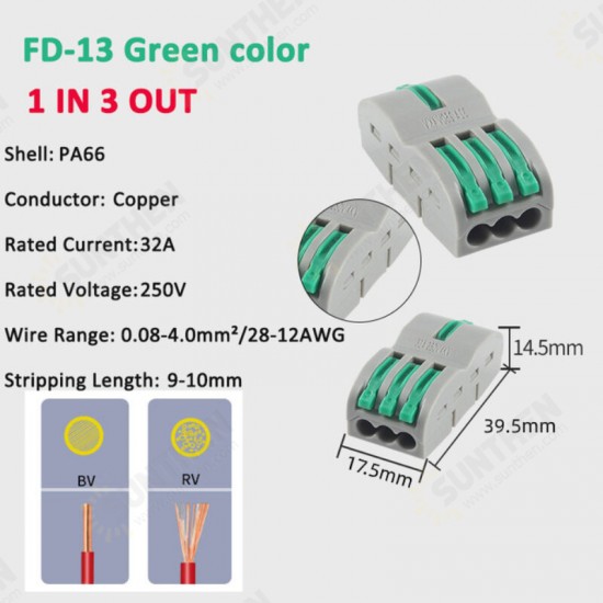 FD-13 Orange/Yellow/Blue/Green Wire Connector 1 In 3 Out Wire Splitter Terminal Block Compact Wiring Cable Connector Push-in Conductor