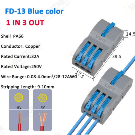 FD-13 Orange/Yellow/Blue/Green Wire Connector 1 In 3 Out Wire Splitter Terminal Block Compact Wiring Cable Connector Push-in Conductor