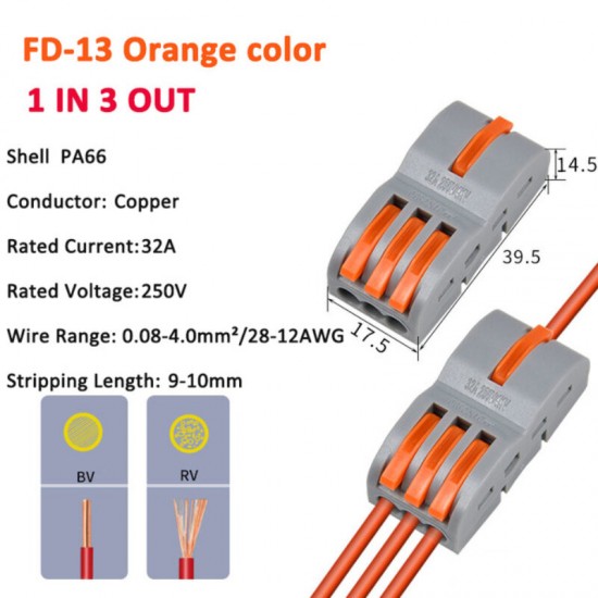 FD-13 Orange/Yellow/Blue/Green Wire Connector 1 In 3 Out Wire Splitter Terminal Block Compact Wiring Cable Connector Push-in Conductor