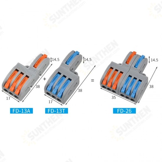 FD-13A/FD-13T Wire Connector 1 In 3 Out Wire Splitter Terminal Block Compact Wiring Cable Connector Push-in Conductor