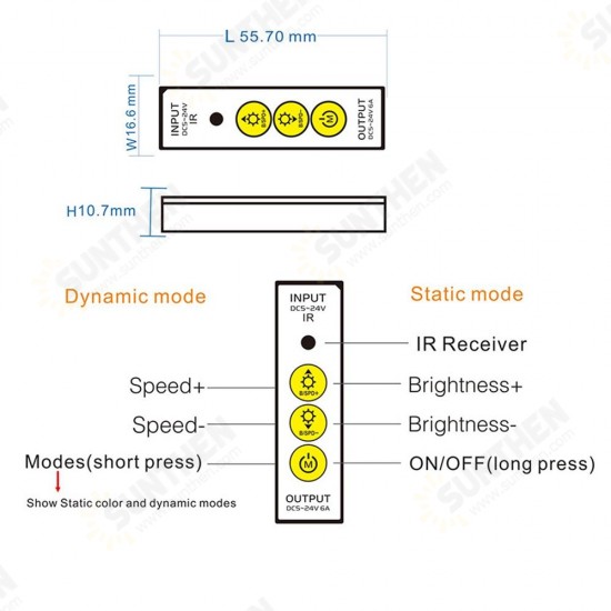 Mini 3Keys Button IR LED Dimmer Controller+14Keys Remote Control for Single Color Strip Light DC5-24V