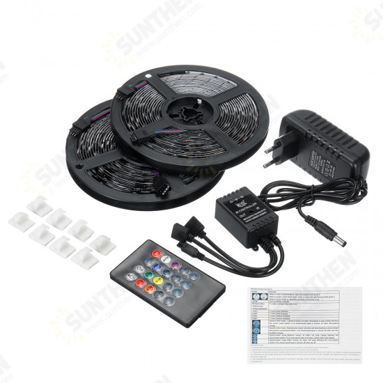 2*5M LED Strip Light Waterproof Outdoor DC12V 5050 RGB Music Lamp IR Remote Control +3A EU US Plug