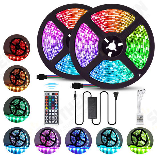 2PCS 5M 5050 LED Strip Light RGB Waterproof Decorative Lamp + Power Supply + 44Keys Remote Control DC12V