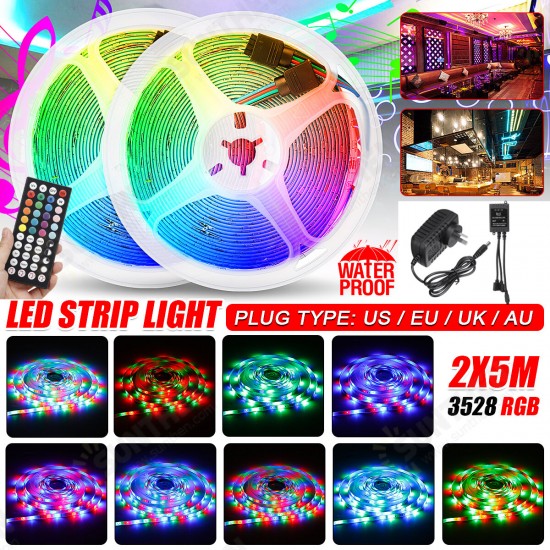 2x5M Music Sound Activated LED Strip Light Waterproof 3528 RGB Tape Under Cabinet Kitchen Lamp Set + 44Keys Remote Control