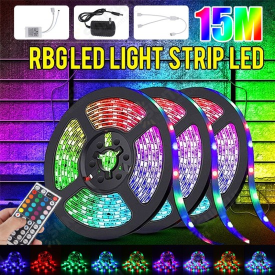 49FT 15M RGB LED Strip Light 3528 Waterproof/Non-waterproof Flexible Tape Lamp DC12V + 44Keys Remote Control + Power Supply