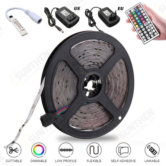 5M 3528 Waterproof RGB Flexible LED Strip Light+IR Controller+44Keys Remote Control+EU US Plug