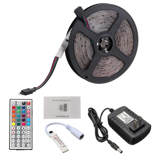 5M 3528 Waterproof RGB Flexible LED Strip Light+IR Controller+44Keys Remote Control+EU US Plug