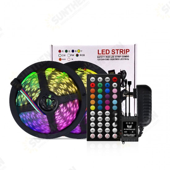 5M 5050 RGB Music LED Strip Light Waterproof/Non-waterproof+44 Keys Remote Control+Power Adapter DC12V