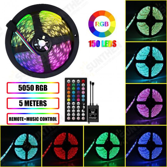 5M 5050 RGB Music LED Strip Light Waterproof/Non-waterproof+44 Keys Remote Control+Power Adapter DC12V