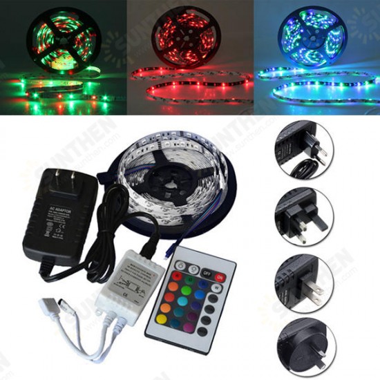 5M SMD 3528 300 Non-Waterproof LED RGB Strip Flexible Light 24 Key IR Remote + Power Adapter DC12V