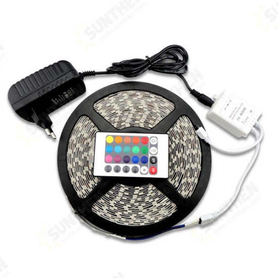 5M SMD 3528 300 Non-Waterproof LED RGB Strip Flexible Light 24 Key IR Remote + Power Adapter DC12V