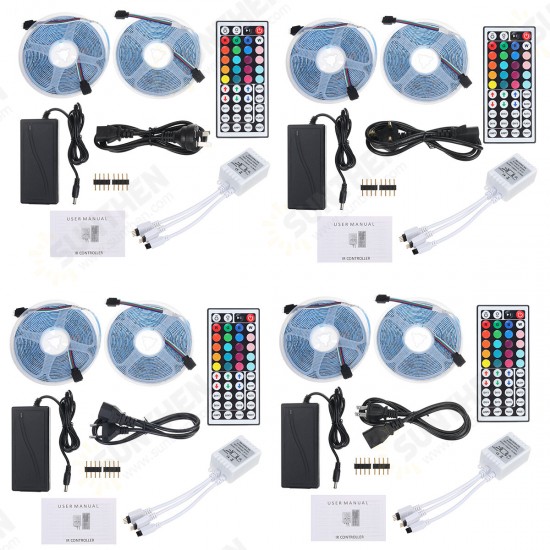 Waterproof 2*5M SMD2835 LED Strip Light Kit RGB Flexible Outdoor Tape Lamp with 5A Power Adapter + 44keys IR Remote Control