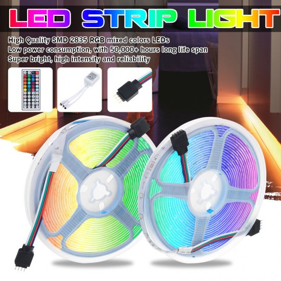 Waterproof 2*5M SMD2835 LED Strip Light Kit RGB Flexible Outdoor Tape Lamp with 5A Power Adapter + 44keys IR Remote Control