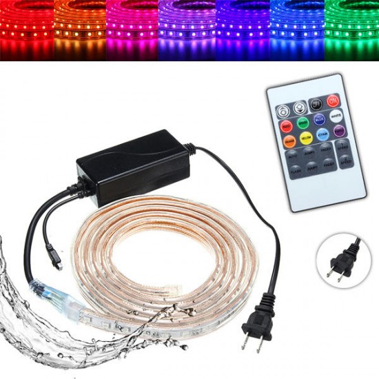 1/2/3/5M SMD5050 LED RGB Flexible Rope Outdoor Waterproof Strip Light + Plug + Remote Control AC110V