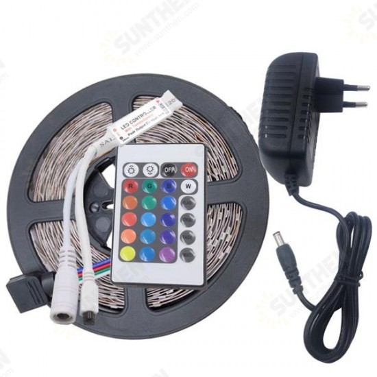 5M 3528 24W RGB 300 Non-Waterproof LED Flexible Strip Light 24 Keys IR Remote + Power Adapter DC12V