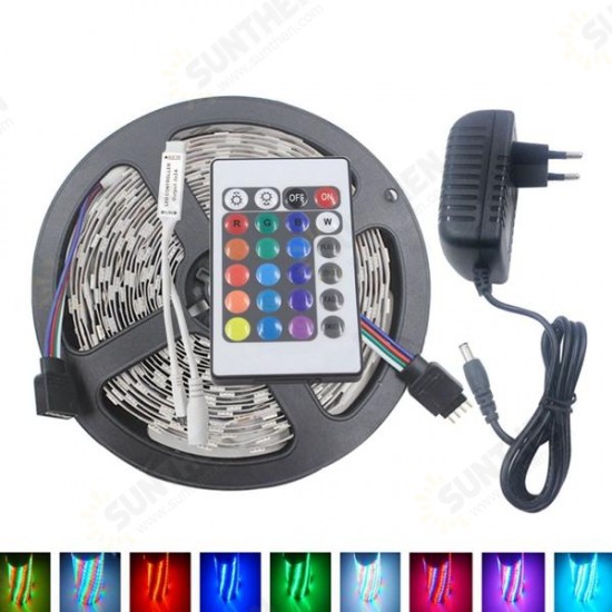 5M 3528 24W RGB 300 Non-Waterproof LED Flexible Strip Light 24 Keys IR Remote + Power Adapter DC12V