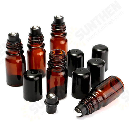 5mL Empty Brown Amber Glass Roll on Bottle Refillable Metal Roller Ball Essential Oil Liquid Bottle