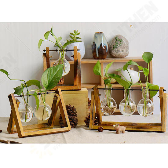 Wooden Stand Glass Terrarium Container Hydroponic System Plant Planter Flower Pot Desk Decoration