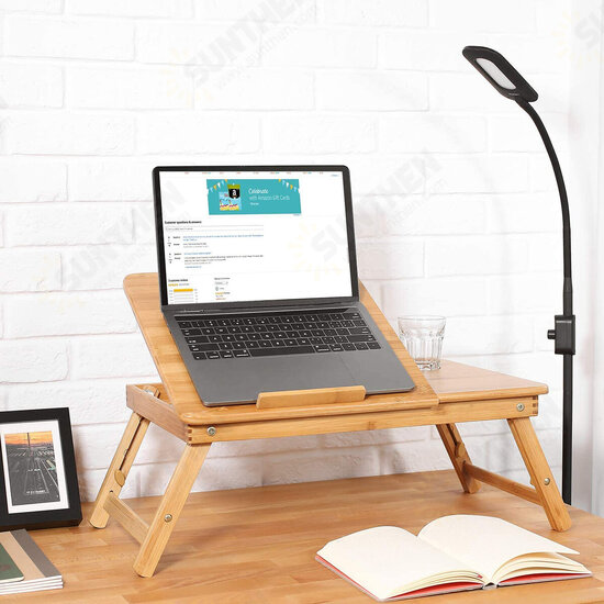 Bamboo Laptop Desk Stand Lap Desk Table Flower Pattern Foldable Breakfast Serving Bed Tray with Storage Drawer with Adjustable Leg