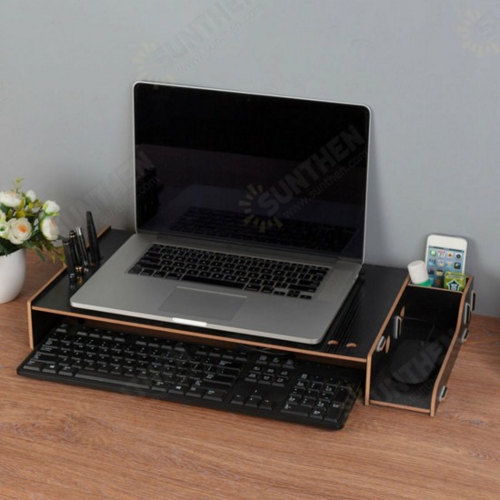 Wooden Laptop Stand Computer Screen Desktop Bracket Monitor TV Riser Assemble Holder with Storage Box