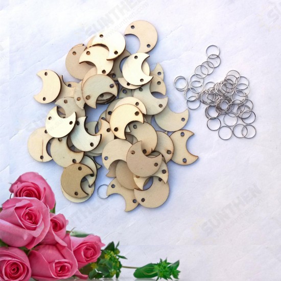 50Pcs Moon Shape Laser Engraving Wooden Sheet With 50 Iron Loops Set For Birthday Reminder DIY Hanging Wood Plaque Decorations