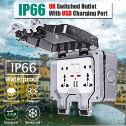 IP66 Weatherproof Outdoor BOX Wall Socket 13A Double Universal / UK Switched Outlet With USB Charging Port IP66 Weatherproof Outdoor BOX Wall Socket 13A Double Universal / UK Switched Outlet With USB Charging Port