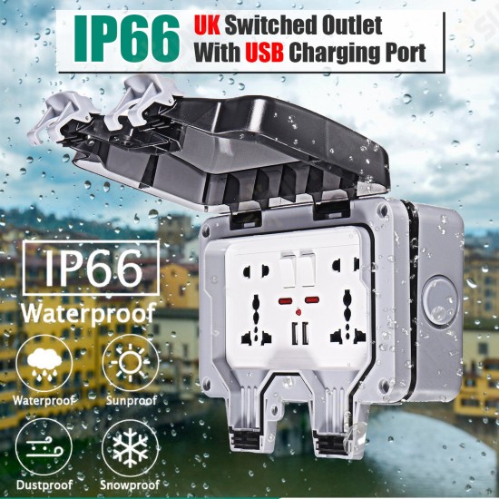 IP66 Weatherproof Outdoor BOX Wall Socket 13A Double Universal / UK Switched Outlet With USB Charging Port