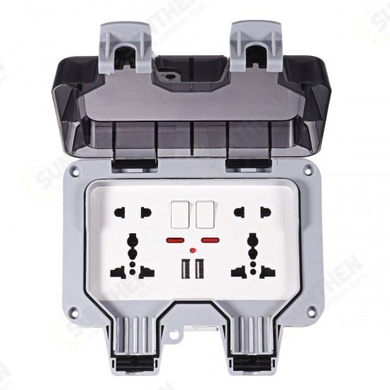 IP66 Weatherproof Outdoor BOX Wall Socket 13A Double Universal / UK Switched Outlet With USB Charging Port