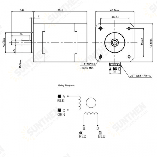 1.8° 42 Hybrid Stepper Motor Two Phase 60mm 7.3kg.cm 1.7A Step Motor